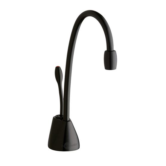 Gloss black instant hot water dispenser faucet with curved spout and compact base.