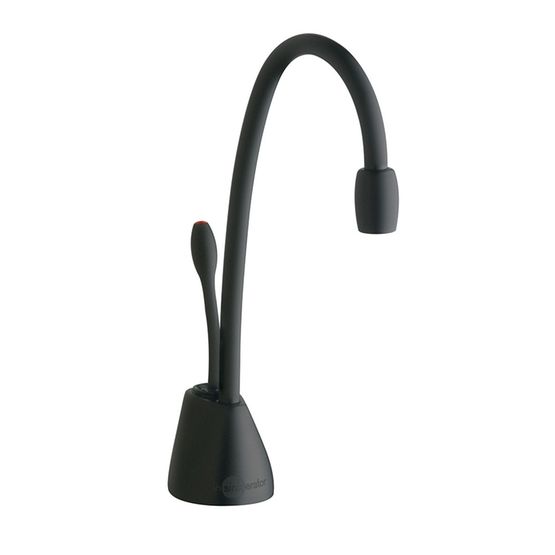 Matte black instant hot water dispenser faucet with curved gooseneck spout and single lever handle.
