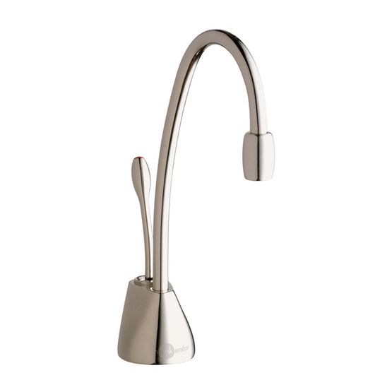 Polished nickel instant hot water dispenser faucet with curved spout and single lever handle.
