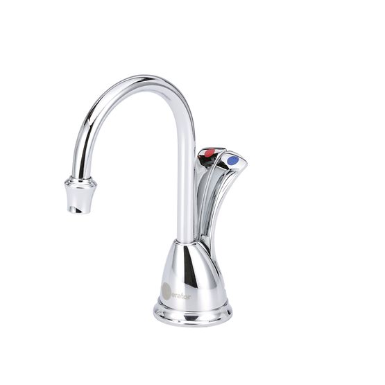 Chrome instant hot and cold water dispenser with curved spout and red and blue indicator buttons on handle.