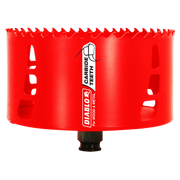 Red hole saw with carbide teeth around the rim and black arbor attachment at base.