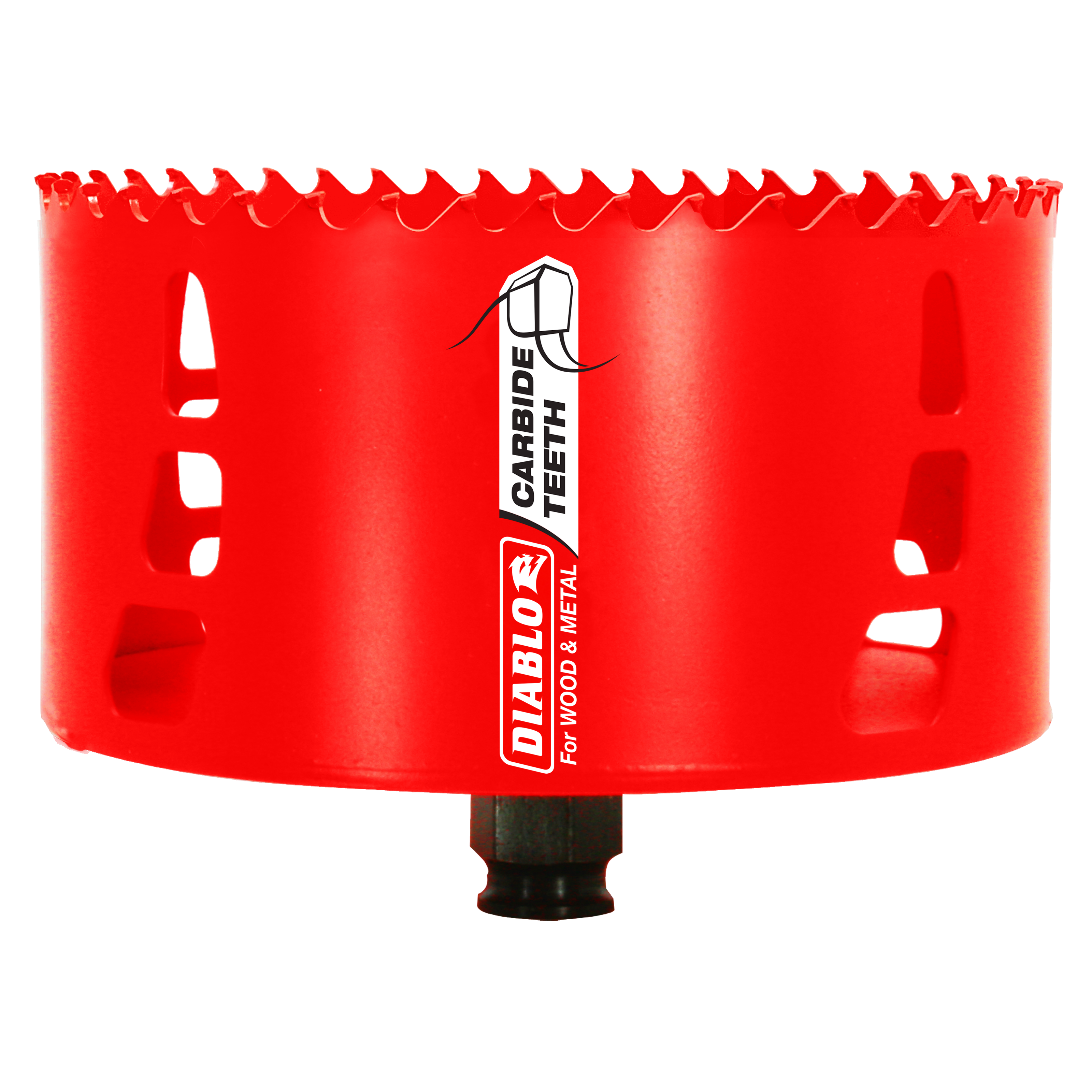 Red hole saw with carbide teeth around the rim and black arbor attachment at base.