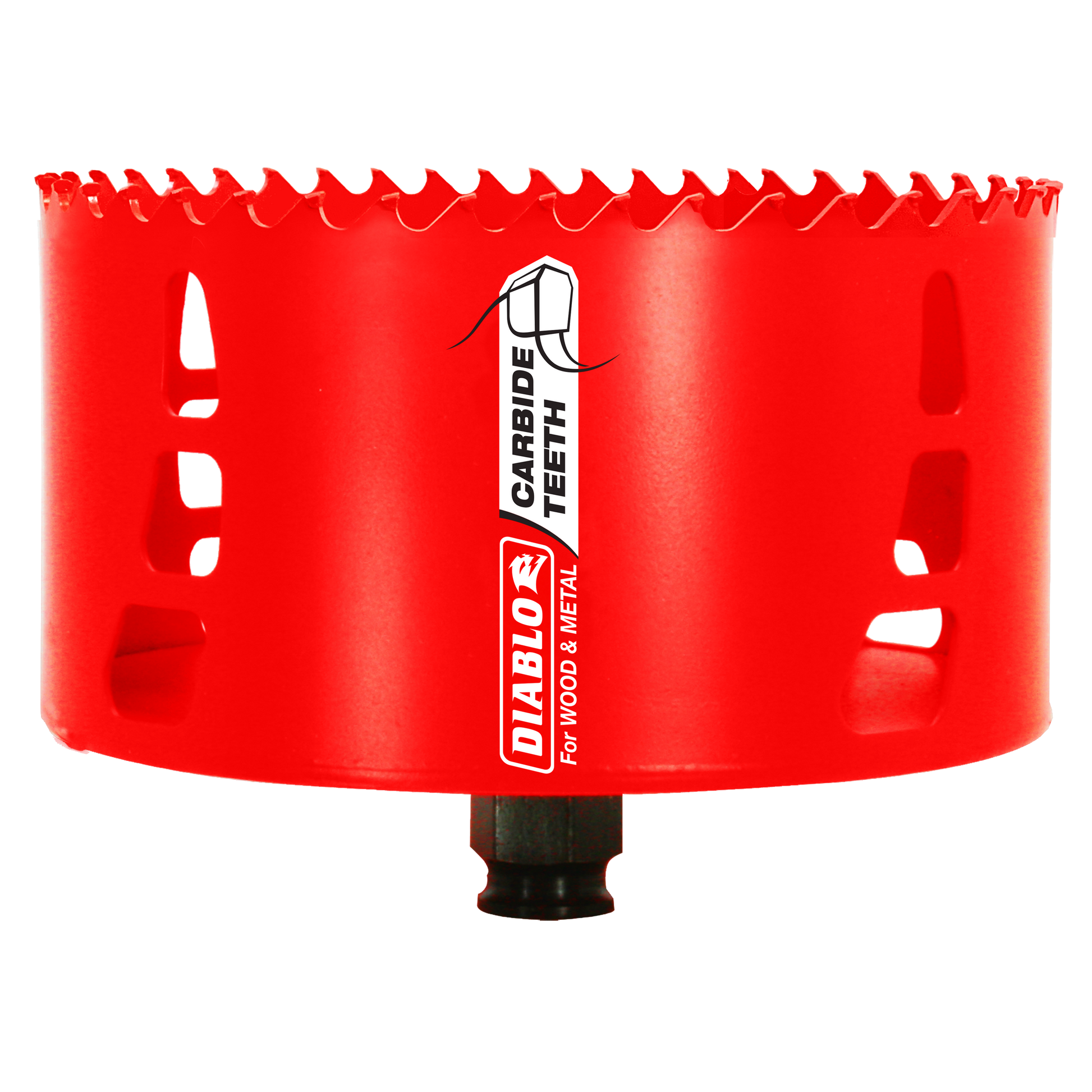 Red cylindrical hole saw with carbide teeth rim, black center arbor, and Diablo branding on side.