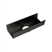 Matte black linear drain component with rectangular channel body and circular opening.