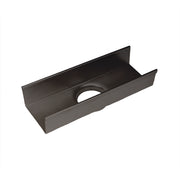 Oil rubbed bronze linear drain component with curved channel and circular opening.