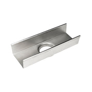 Polished stainless steel linear drain component with curved interior channel and circular outlet opening.