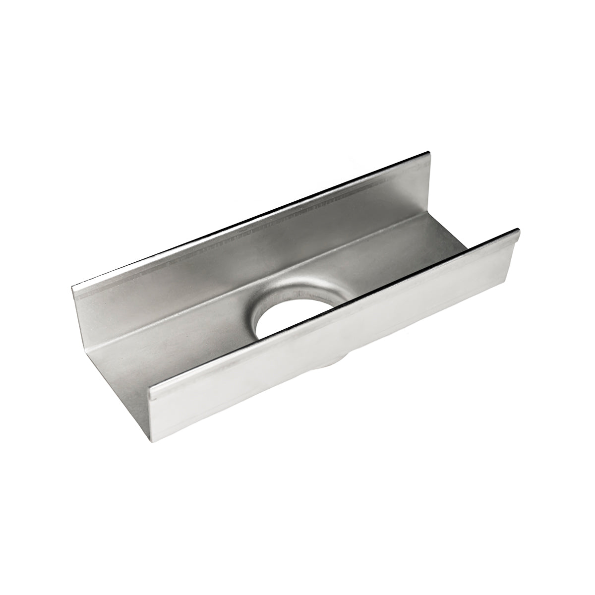 Polished stainless steel linear drain component with curved interior channel and circular outlet opening.