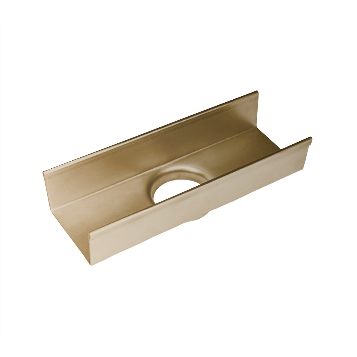 Satin bronze linear drain component with curved channel and circular outlet opening.