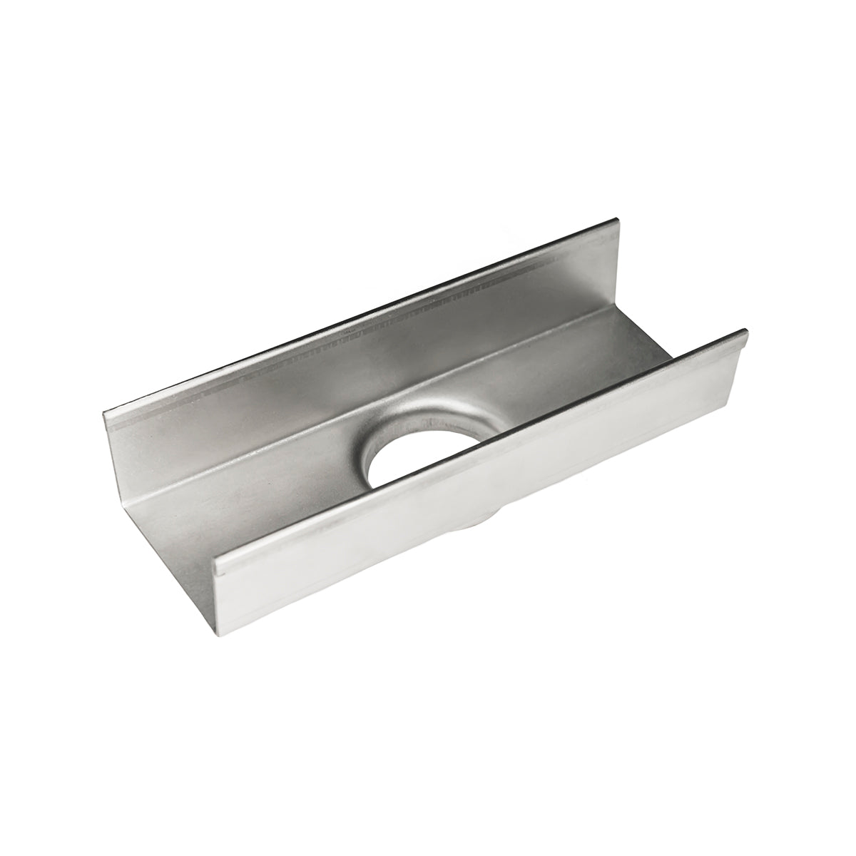 Satin stainless steel linear drain component with U-shaped channel and circular outlet opening.
