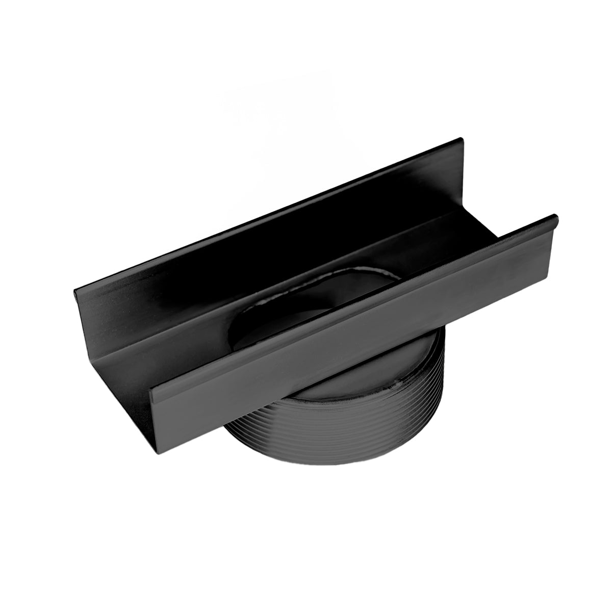 Matte black linear drain component with rectangular channel and circular outlet base.