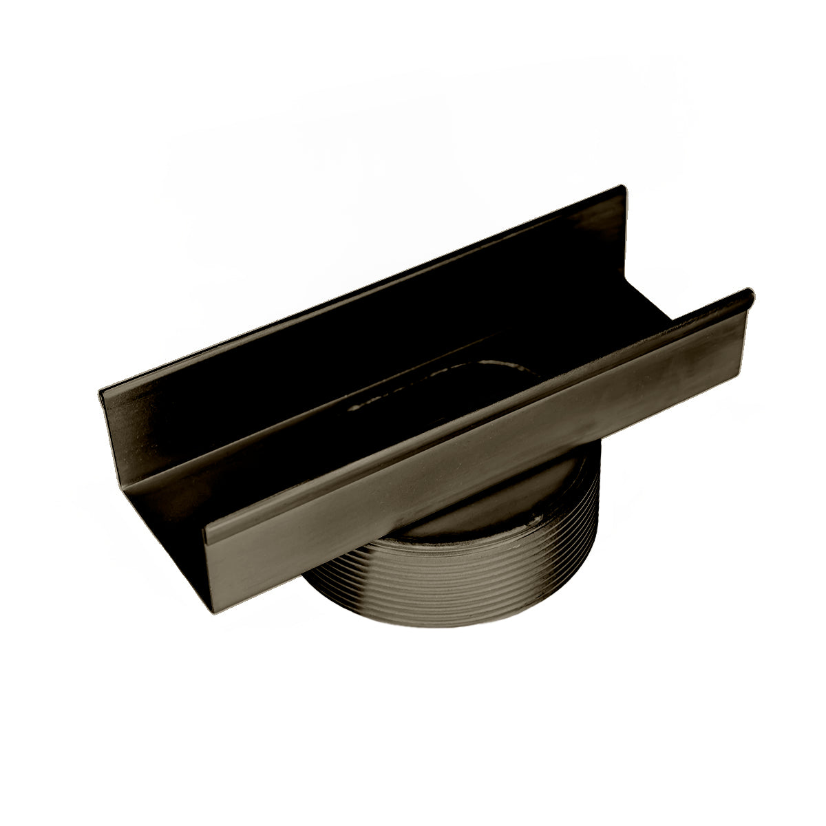 Oil rubbed bronze linear drain component with rectangular trough and threaded circular base connector.