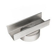Polished stainless steel linear drain component with rectangular channel body and threaded circular outlet connection.