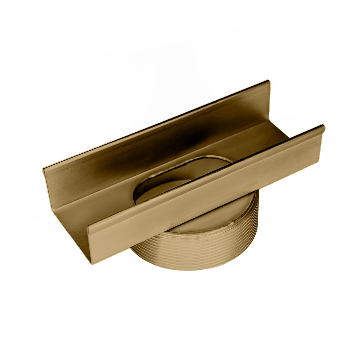 Satin bronze linear drain component with rectangular channel and circular base connector.