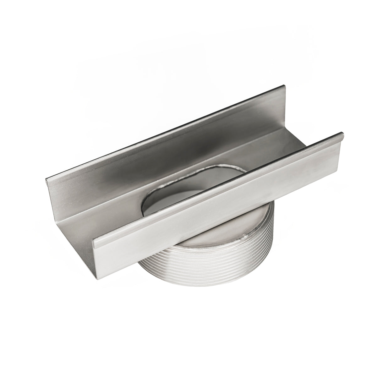 Satin stainless steel linear drain component with rectangular channel body and circular outlet connector.