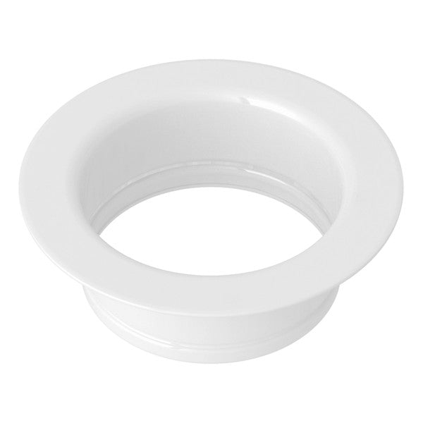 White round disposal flange with recessed center opening and wide rim.