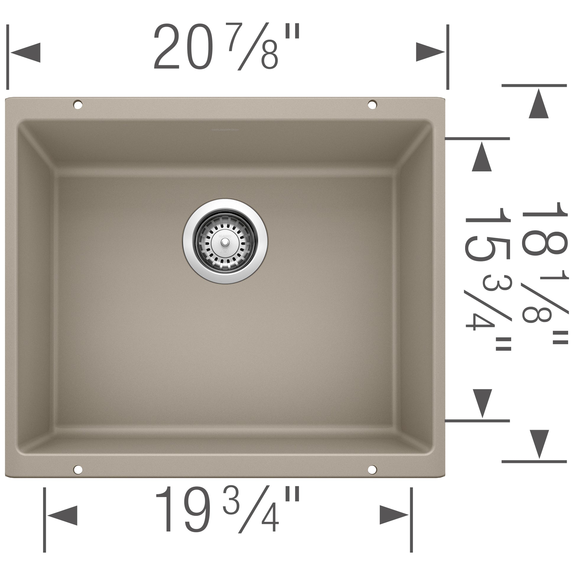 Truffle-colored undermount kitchen sink with single bowl and drain strainer, dimensions 20 7/8" x 19 3/4".