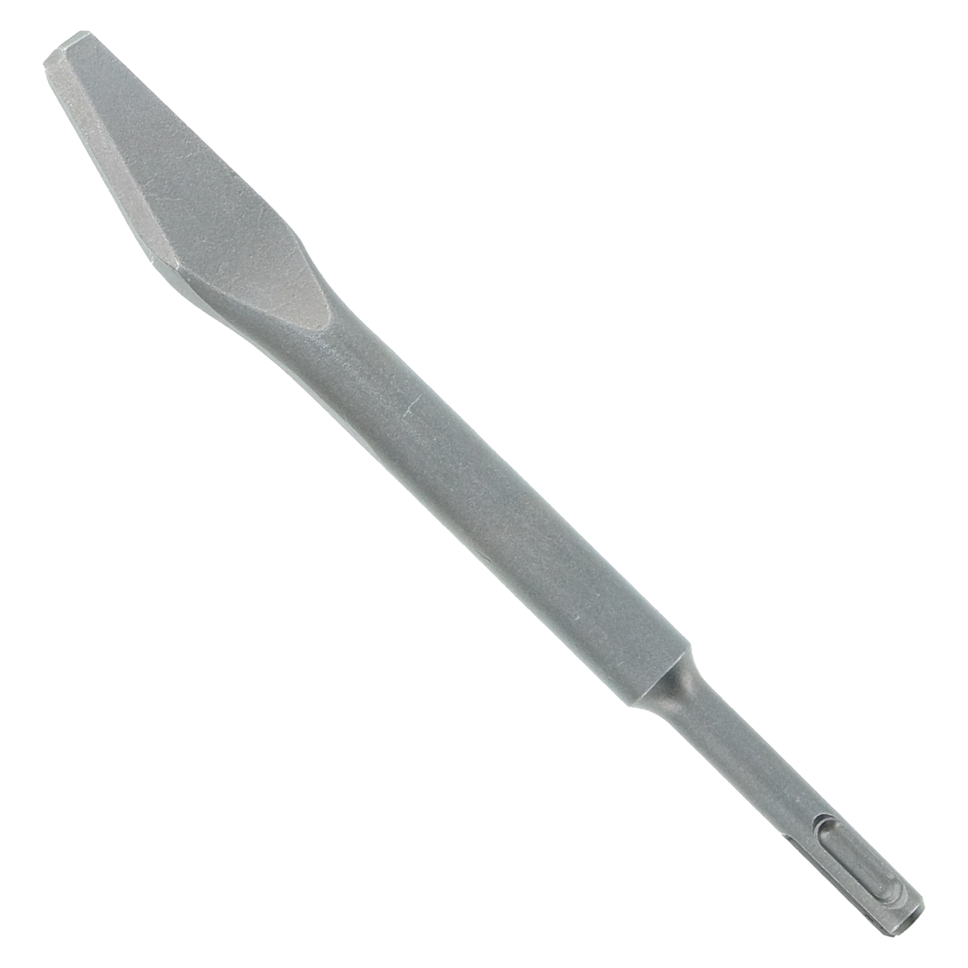 Gray steel mortar knife with 3/8 inch SDS-Plus hex shank and flat blade for grout application.