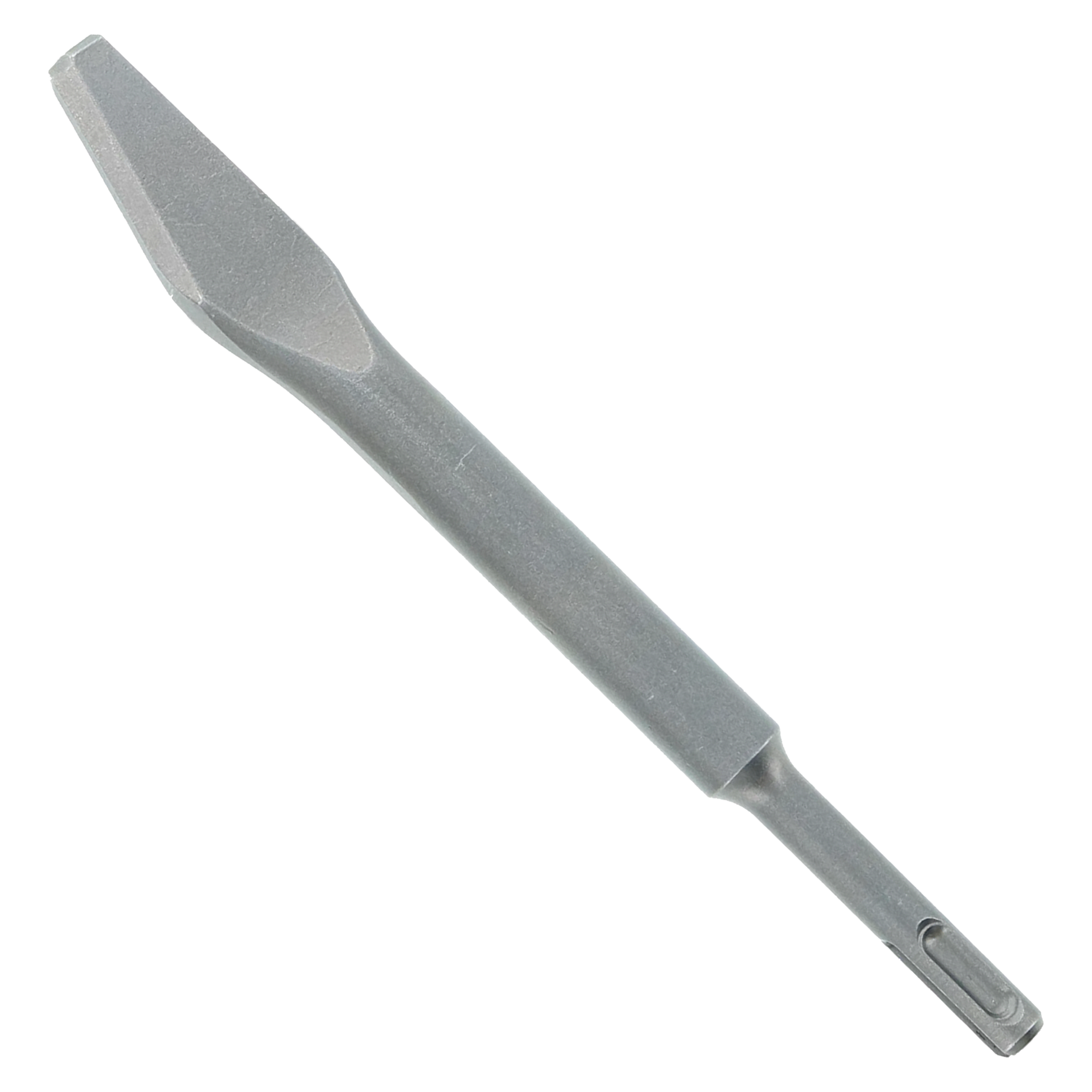 Gray steel mortar knife with 3/8 inch SDS-Plus hex shank and flat blade for grout application.