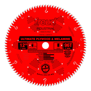 Red circular saw blade with 96 teeth, 12-inch diameter, 1-inch arbor, labeled "Ultimate Plywood & Melamine" by Freud Industri