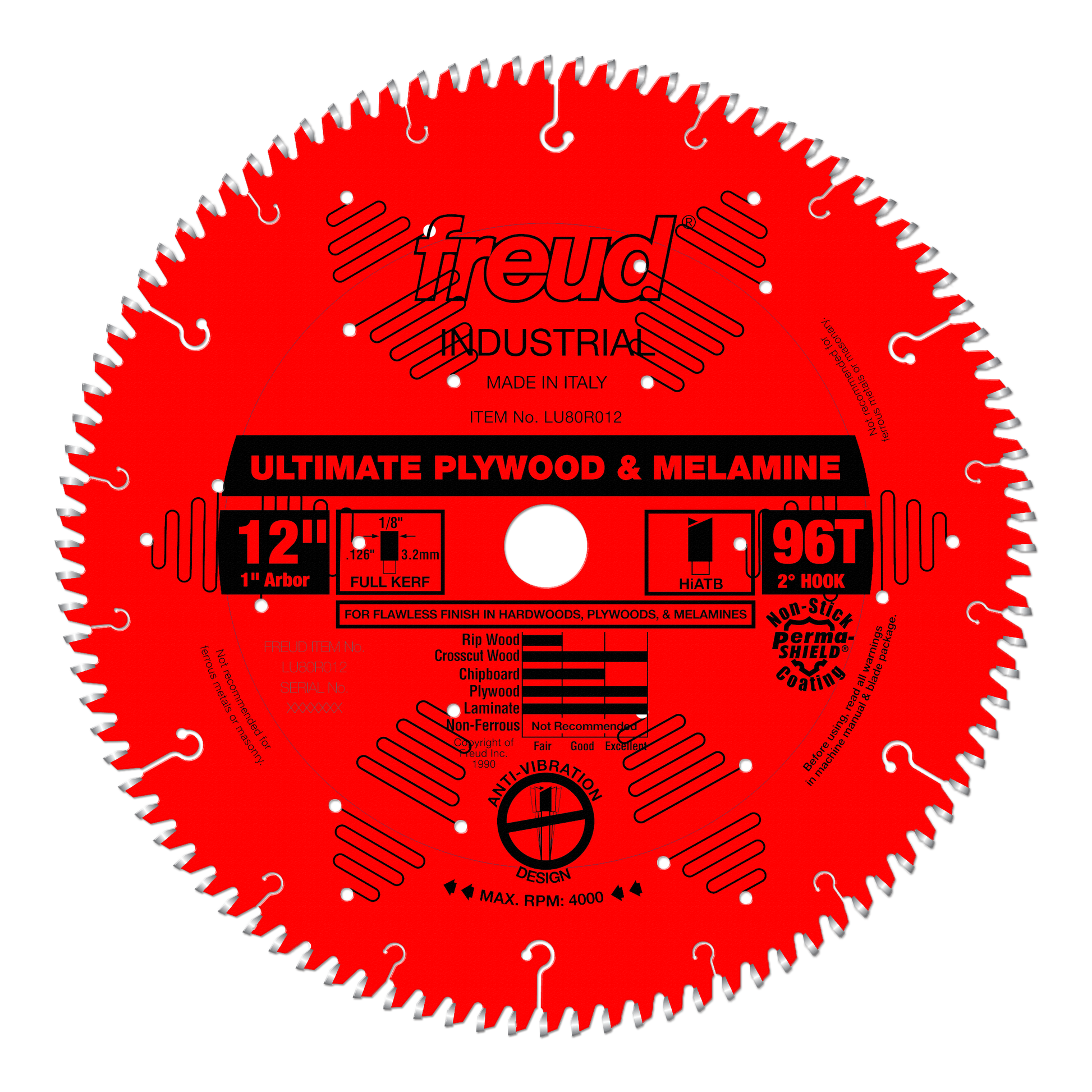 Red circular saw blade with 96 teeth, 12-inch diameter, 1-inch arbor, labeled "Ultimate Plywood & Melamine" by Freud Industri