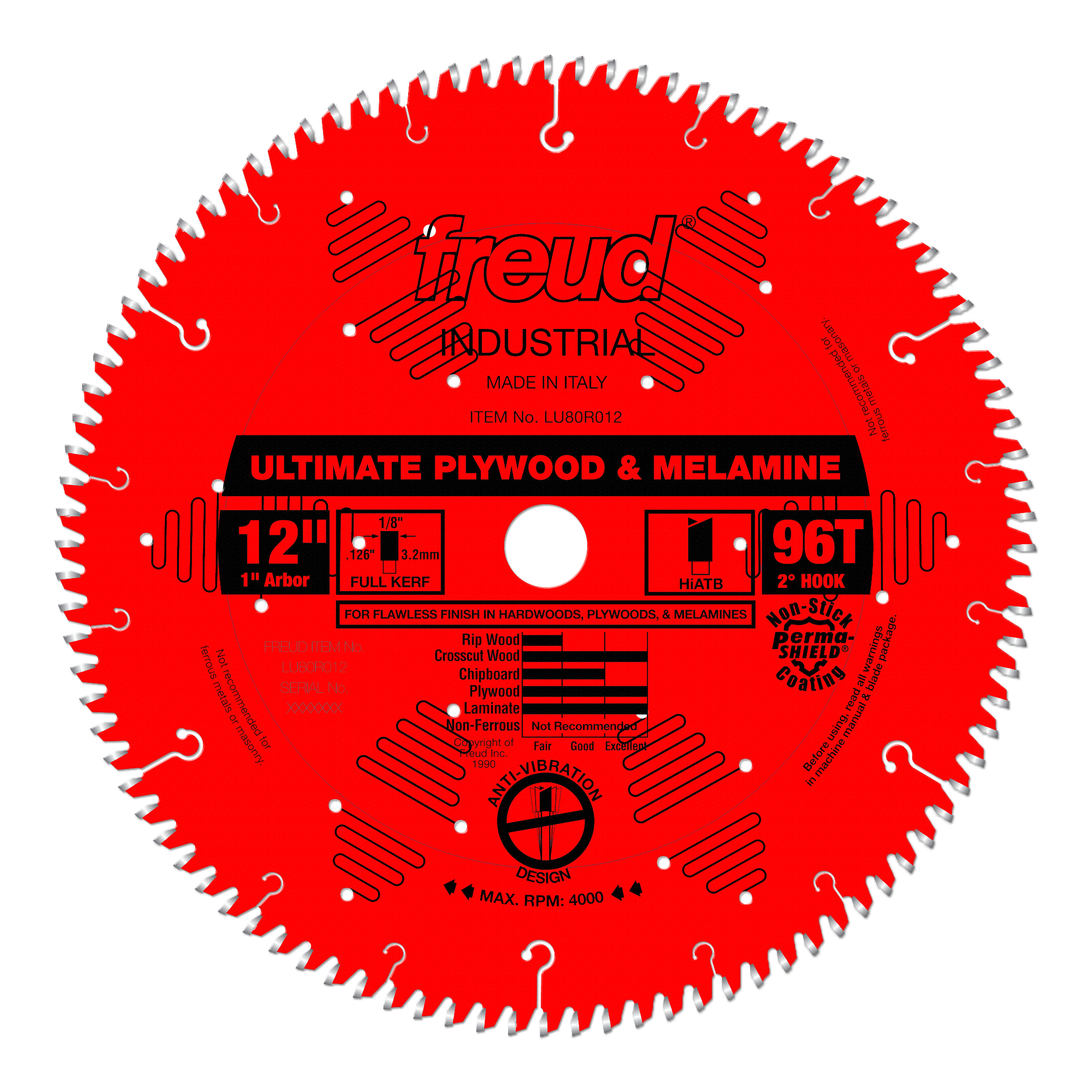 Red circular saw blade with 96 teeth, 12-inch diameter, 1-inch arbor, labeled "Ultimate Plywood & Melamine" by Freud Industri