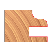 Cabinet door cutter bit set with male and female profiles shown in red outline on wood grain background.
