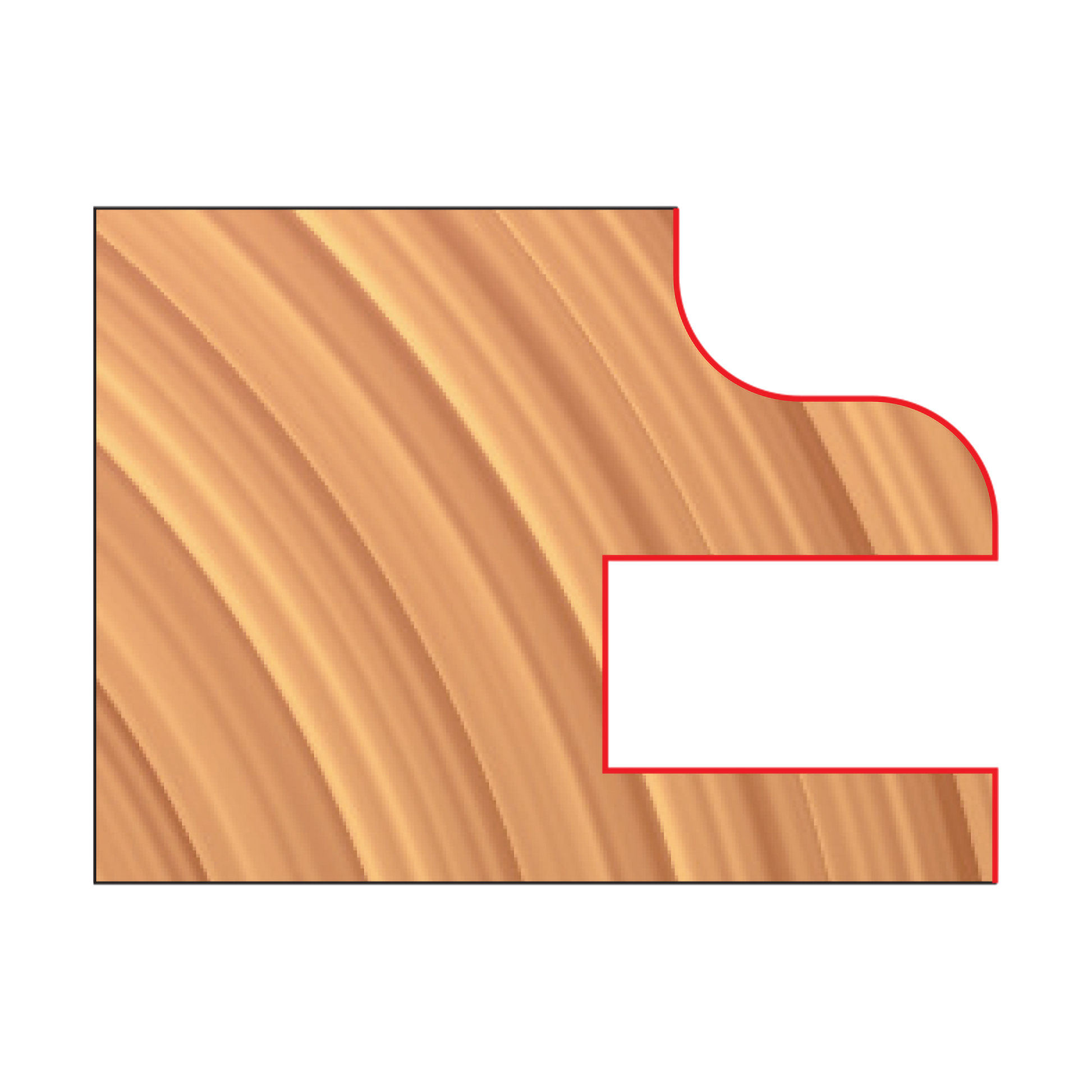 Cabinet door cutter bit set with male and female profiles shown in red outline on wood grain background.