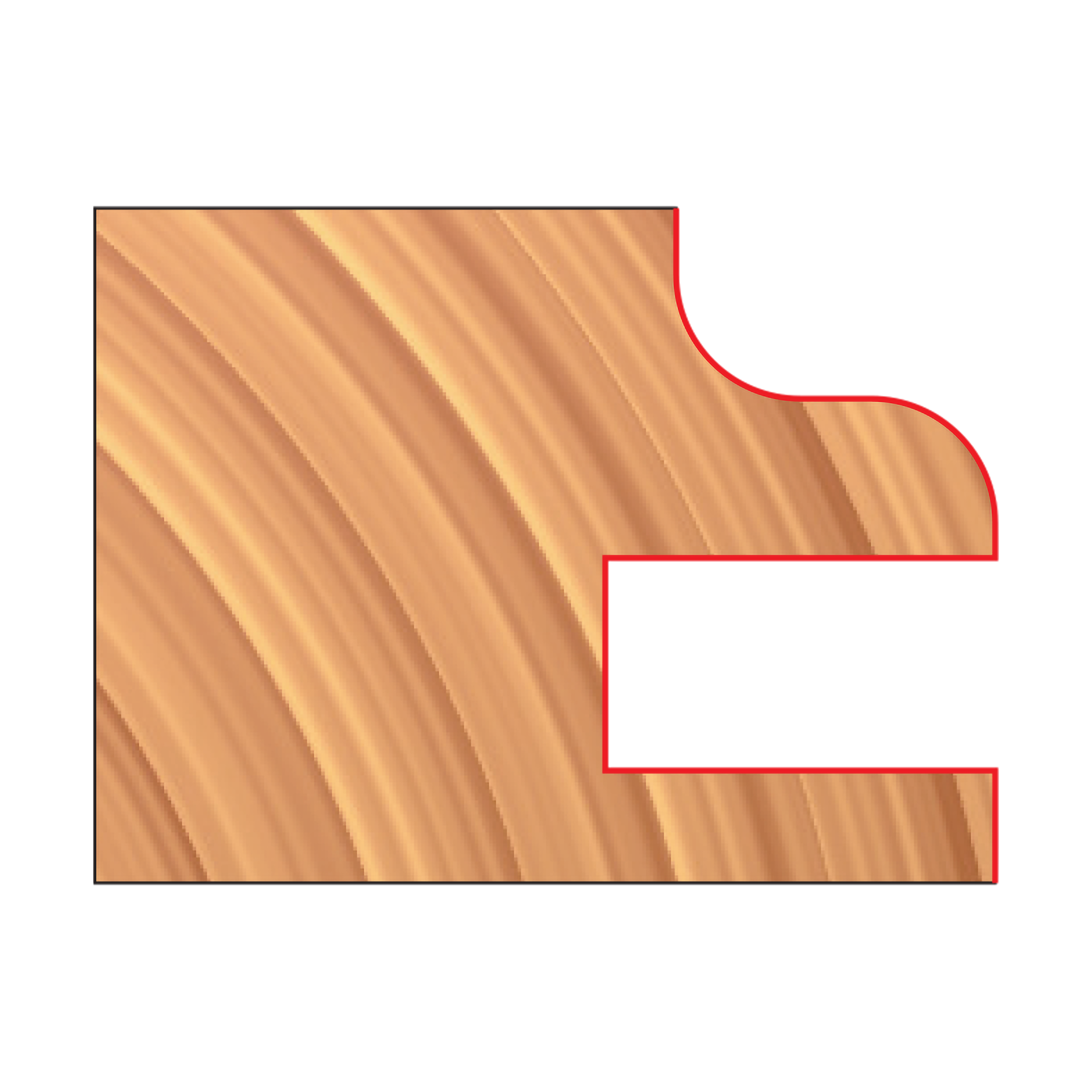 Cabinet door cutter bit set with male and female profiles shown in red outline on wood grain background.
