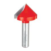 Red V-shaped router bit with silver metal shaft and Freud branding on handle.