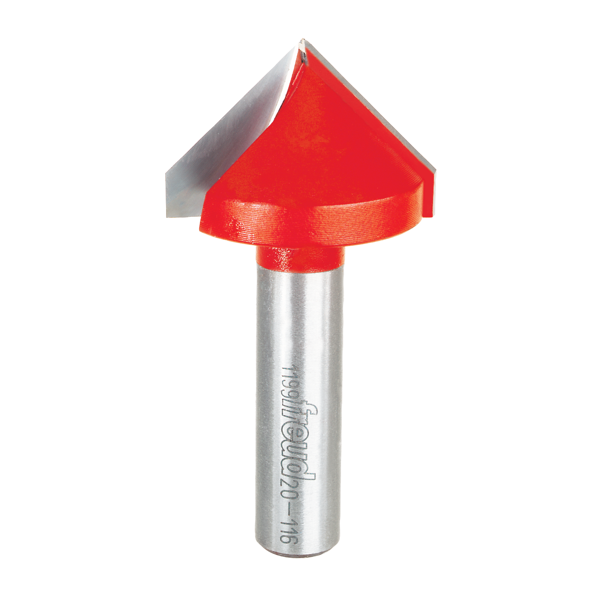 Red V-shaped router bit with silver metal shaft and Freud branding on handle.