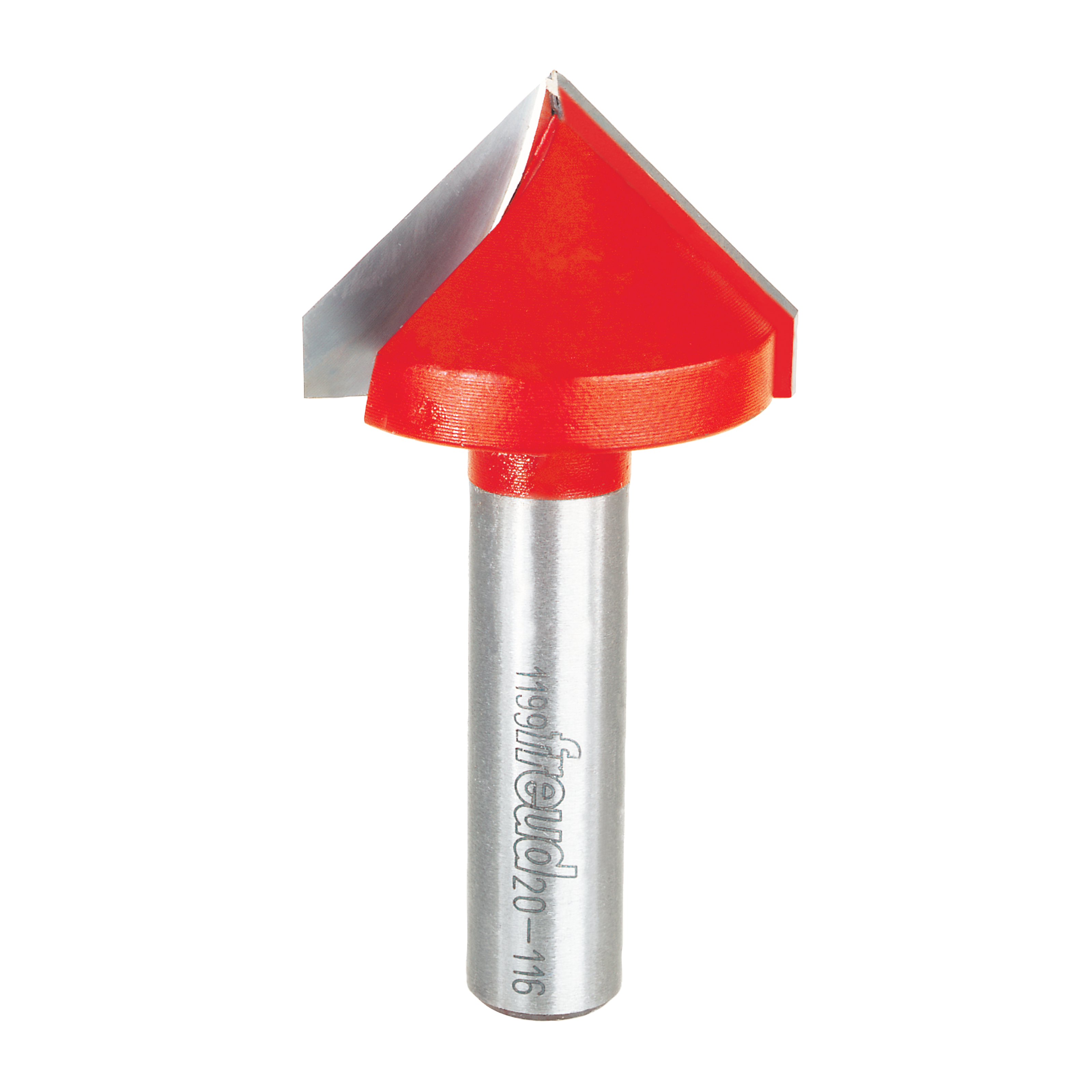 Red V-shaped router bit with silver metal shaft and Freud branding on handle.