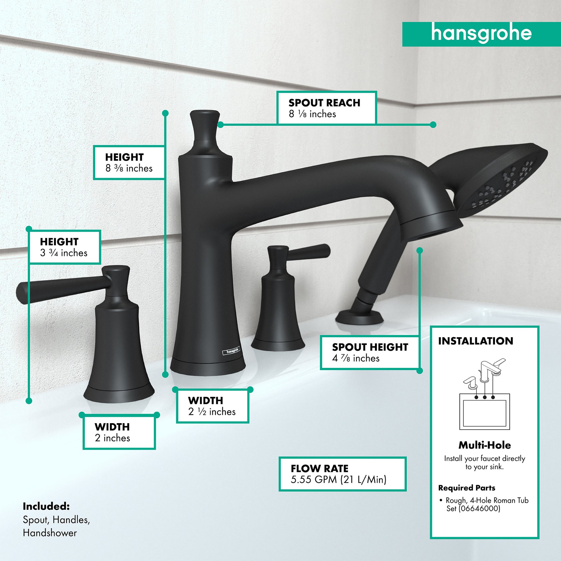 Matte black 4-hole roman tub faucet set with curved spout, dual handles, and handheld showerhead with measurement specificati