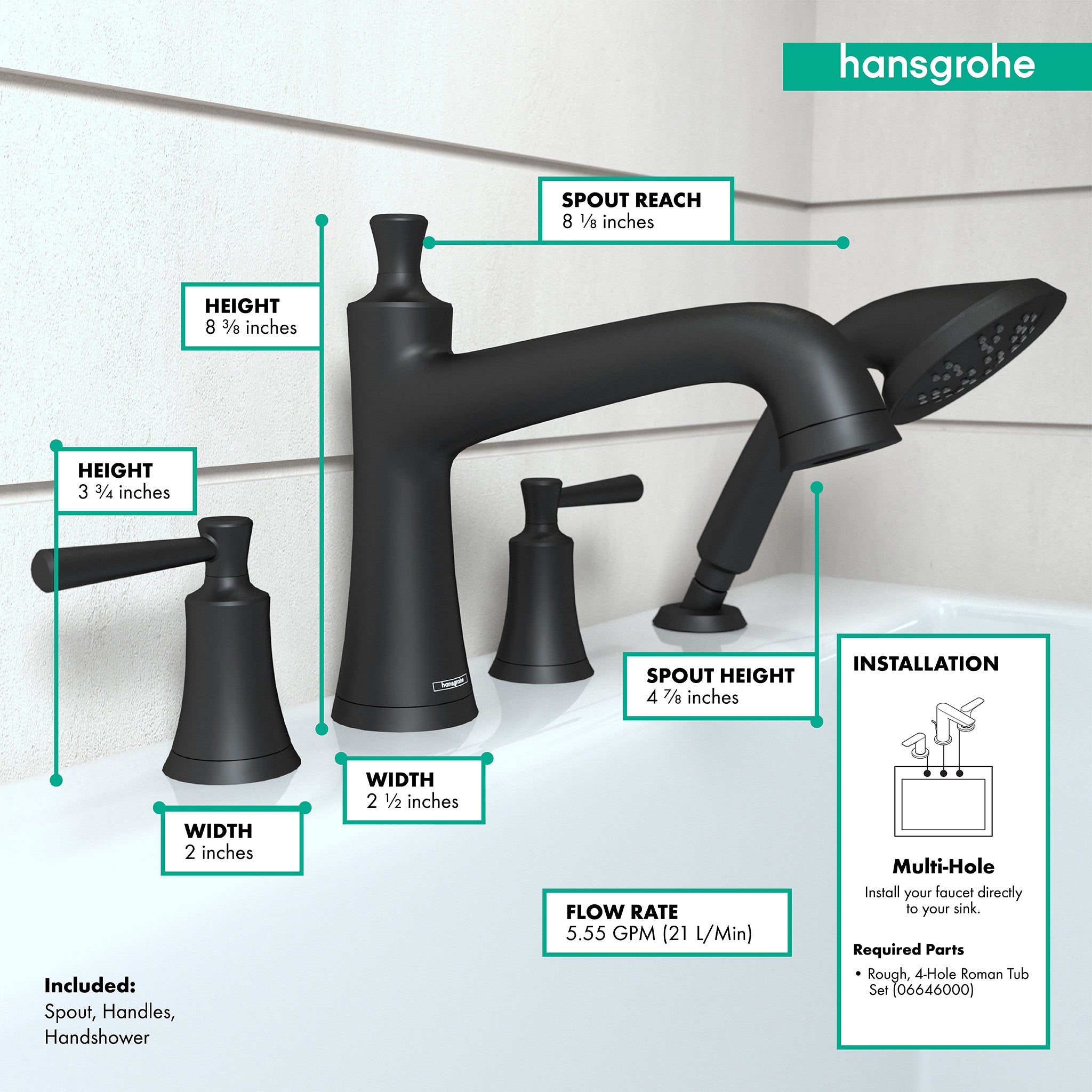 Matte black 4-hole roman tub faucet set with curved spout, dual handles, and handheld showerhead with measurement specificati