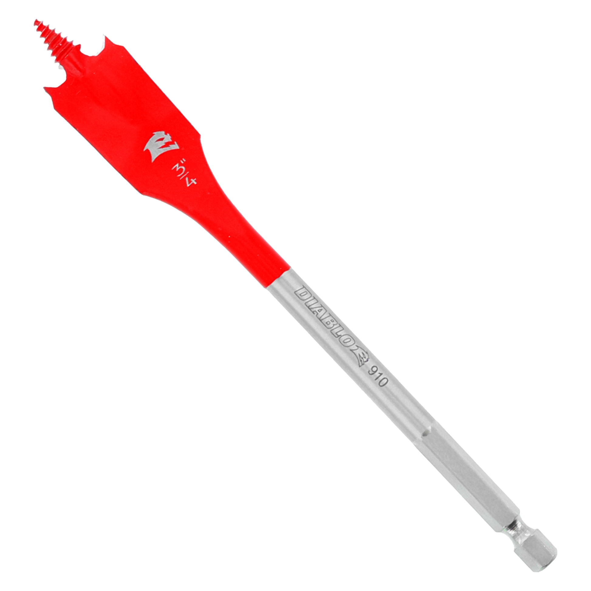 Two red and gray spade bits with flat, wide cutting heads and hex shanks.