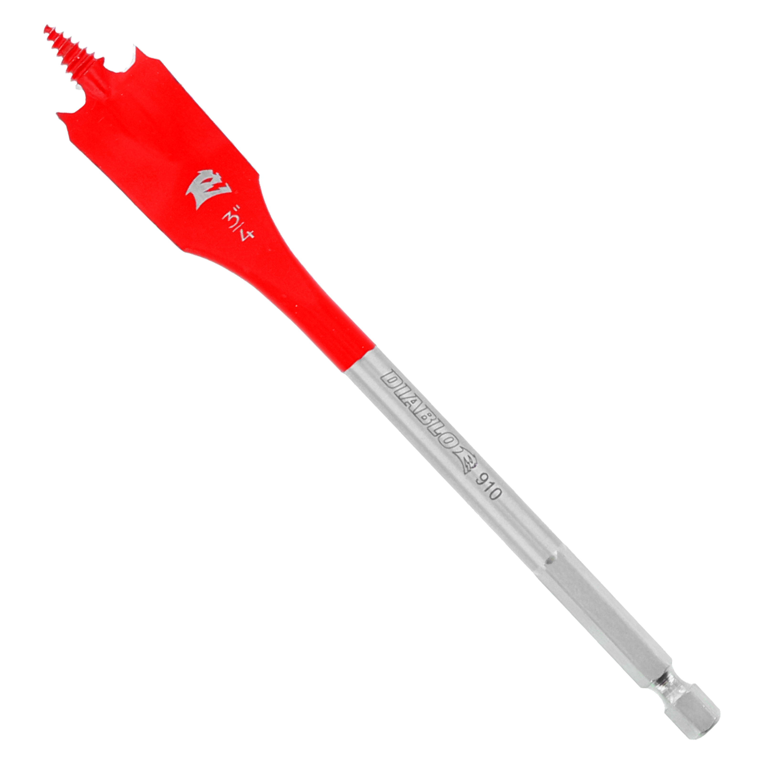 Red and silver spade bit with flat paddle head and serrated edges on shaft.