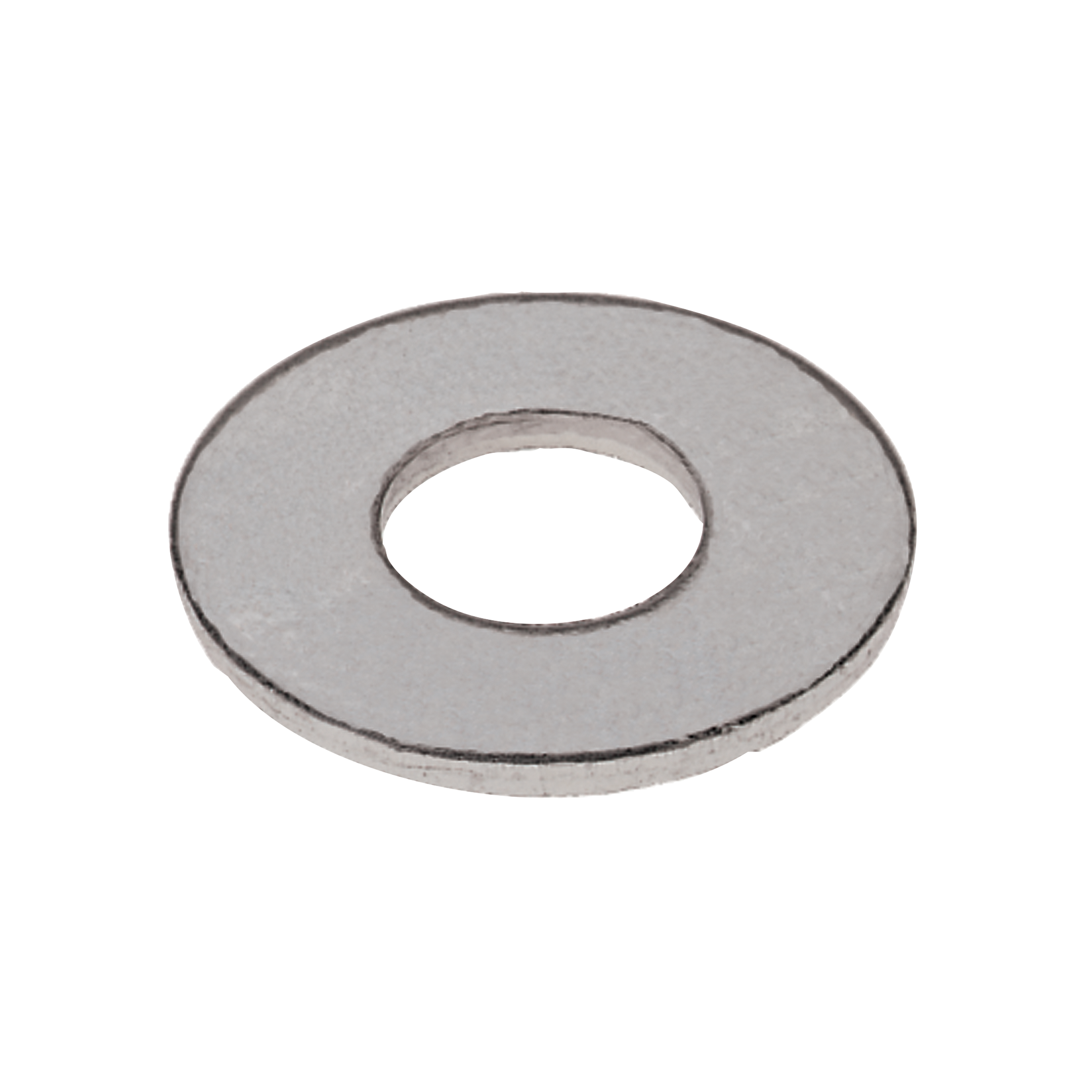 Flat metal washer with central hole and circular disc design.