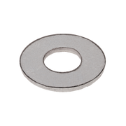 Metal flat washer with round disc shape and centered hole.