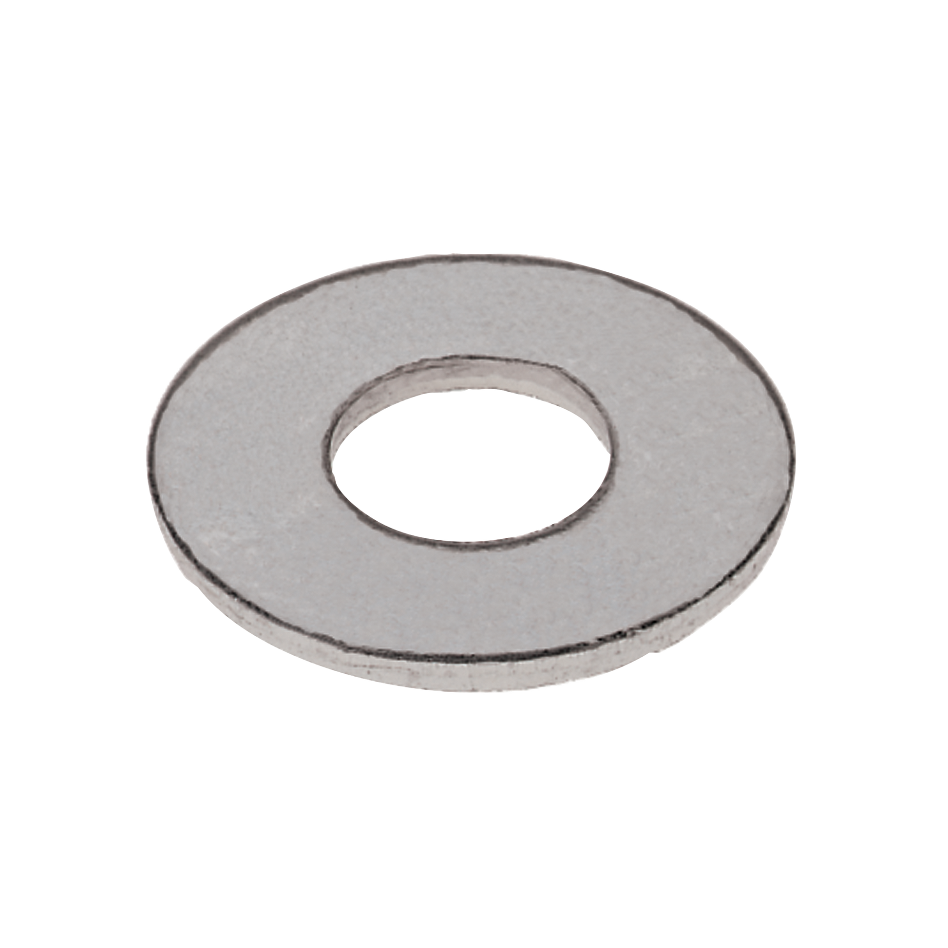 Flat metal washer with center hole and circular disk shape in gray finish.