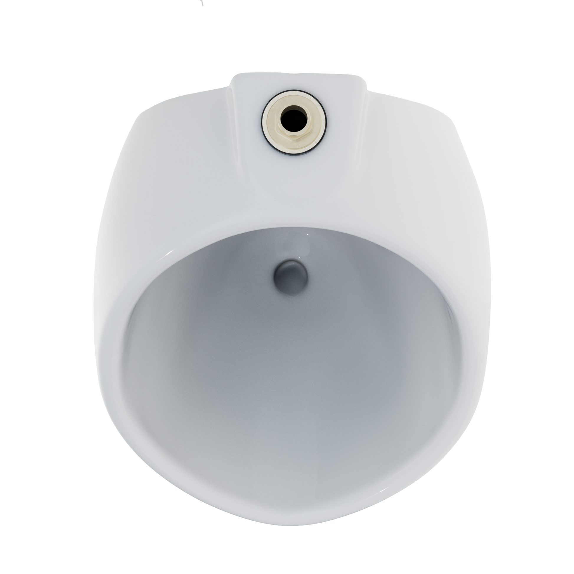 Cotton white wall-mounted urinal with rounded basin, top spud inlet connection, and concealed trapway opening.