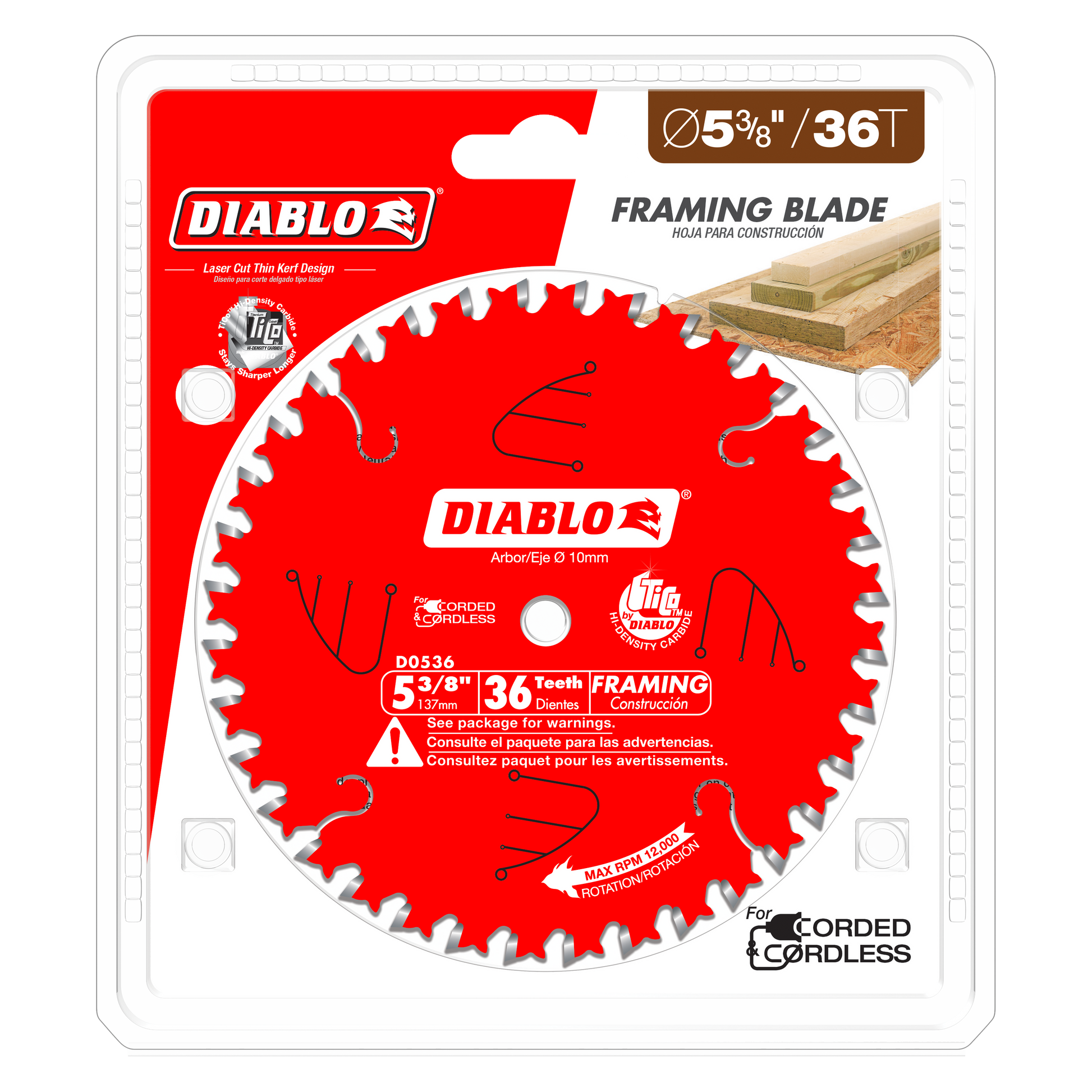 Red circular saw blade with 36 silver teeth, 5-3/8 inch diameter, mounted on clear plastic packaging with Diablo branding.