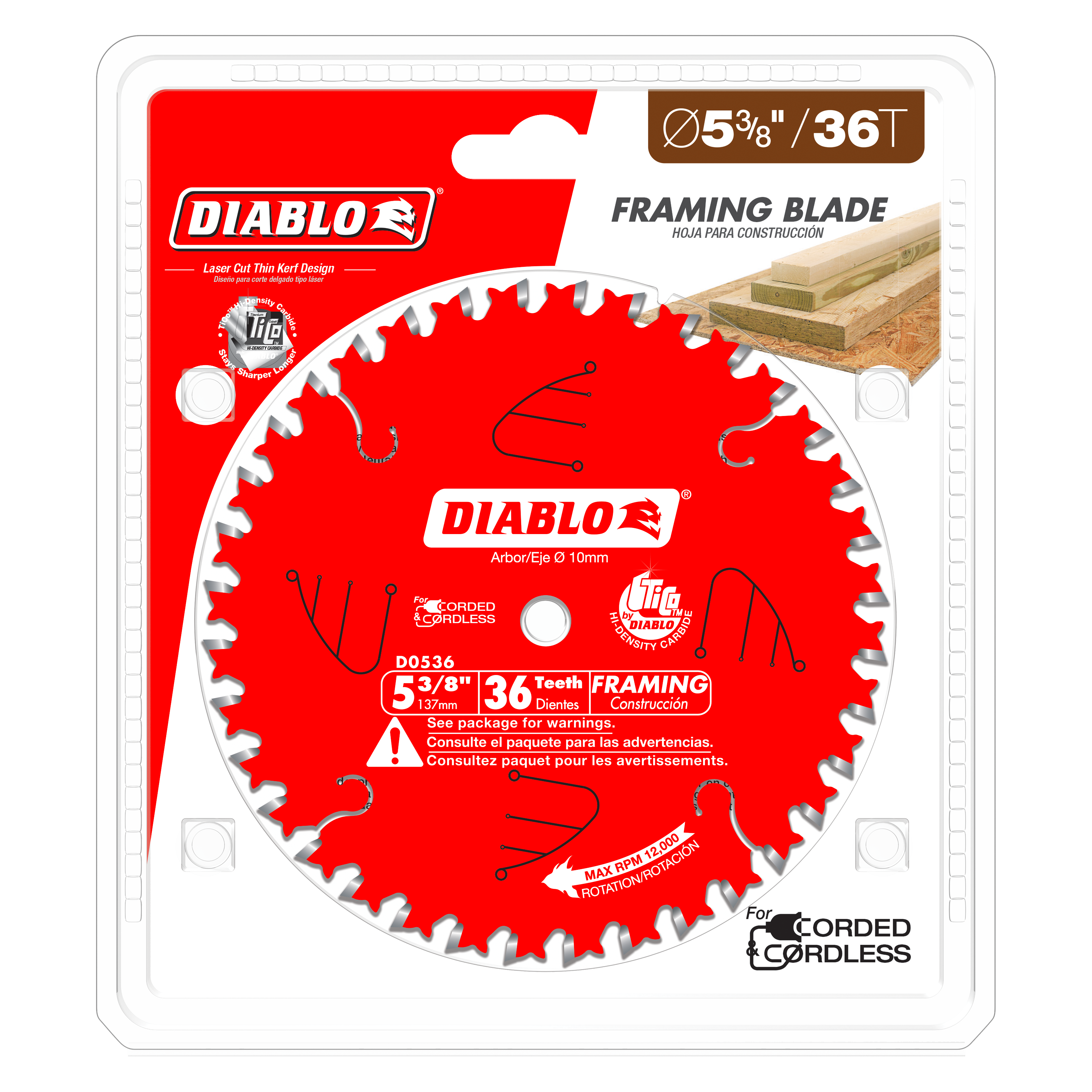 Red circular saw blade with 36 silver teeth, 5-3/8 inch diameter, mounted on clear plastic packaging with Diablo branding.