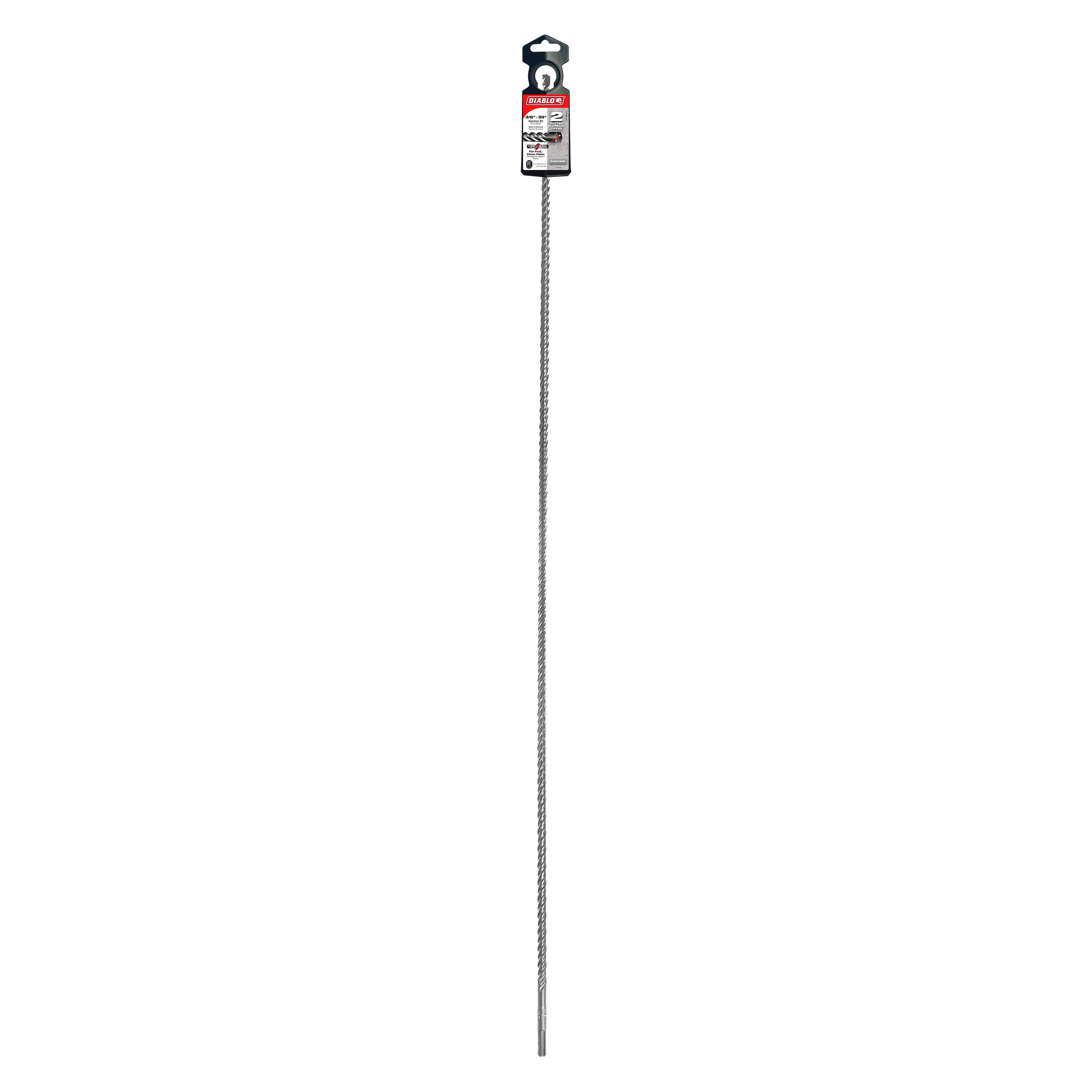 Diablo SDS-Plus masonry drill bit with 2-cutter design, 3/8 inch diameter and 37 inch length, with packaging label at top.