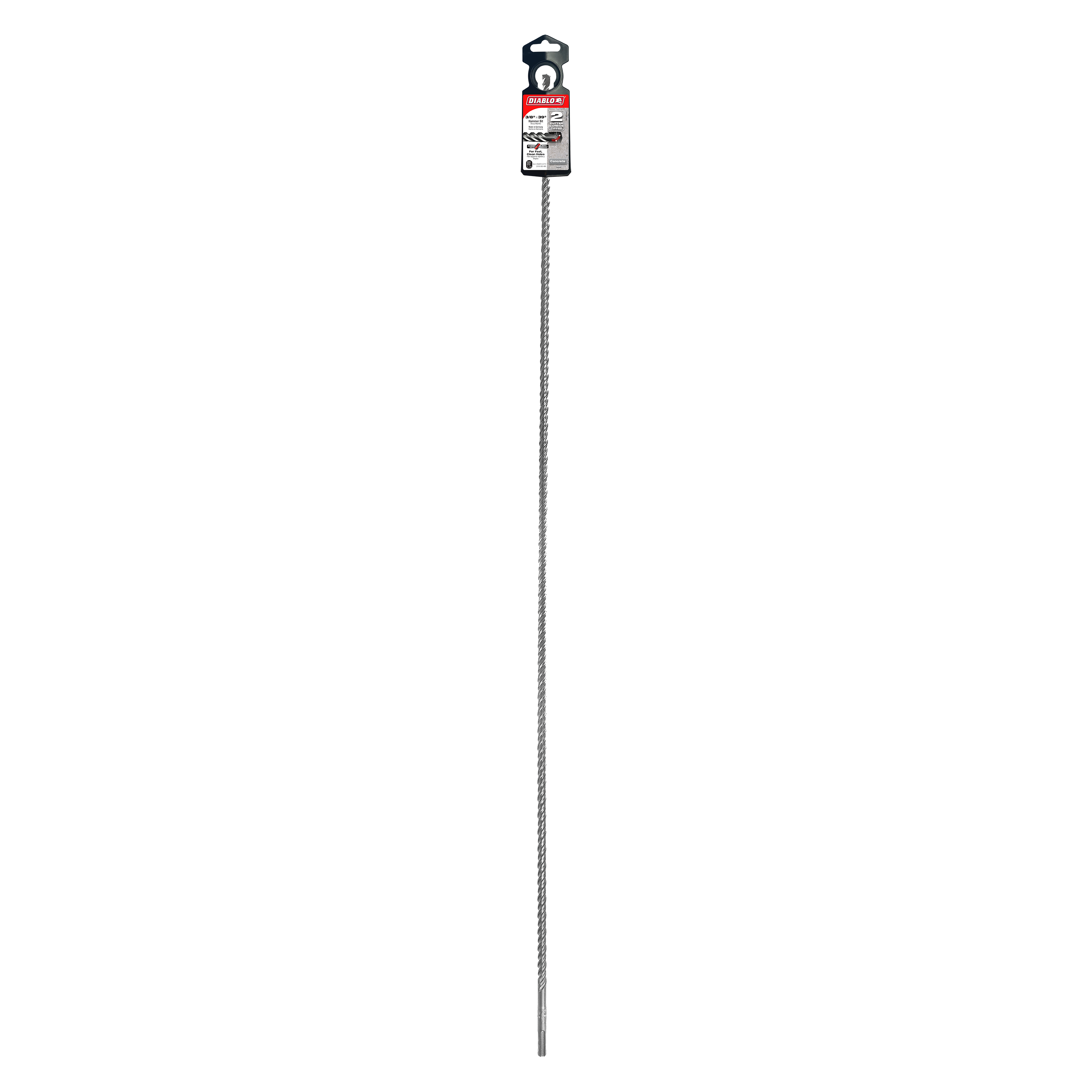 Diablo SDS-Plus masonry drill bit with 2-cutter design, 3/8 inch diameter and 37 inch length, with packaging label at top.
