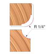 Two wood router bits showing convex curved edge on top and concave curved edge on bottom, both with 1/4" radius.