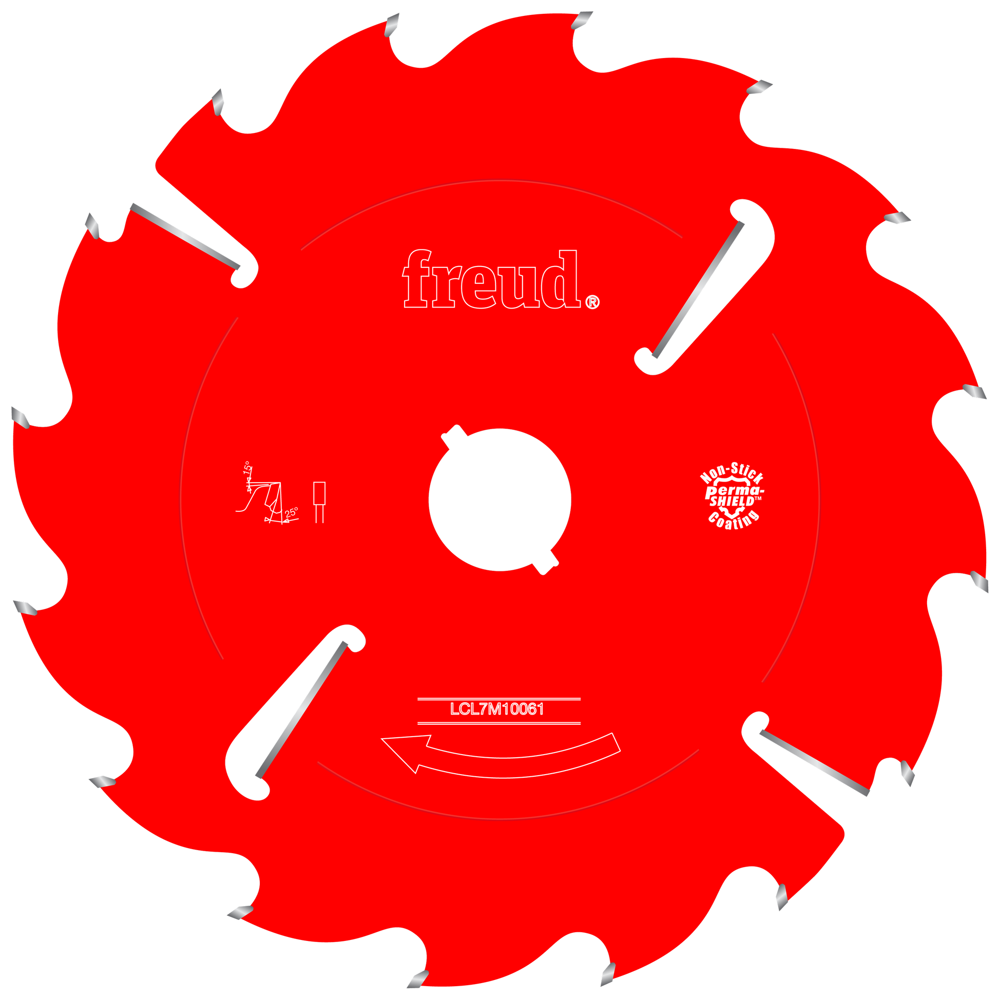Red circular saw blade with multiple teeth, white center hole, and silver tooth tips.