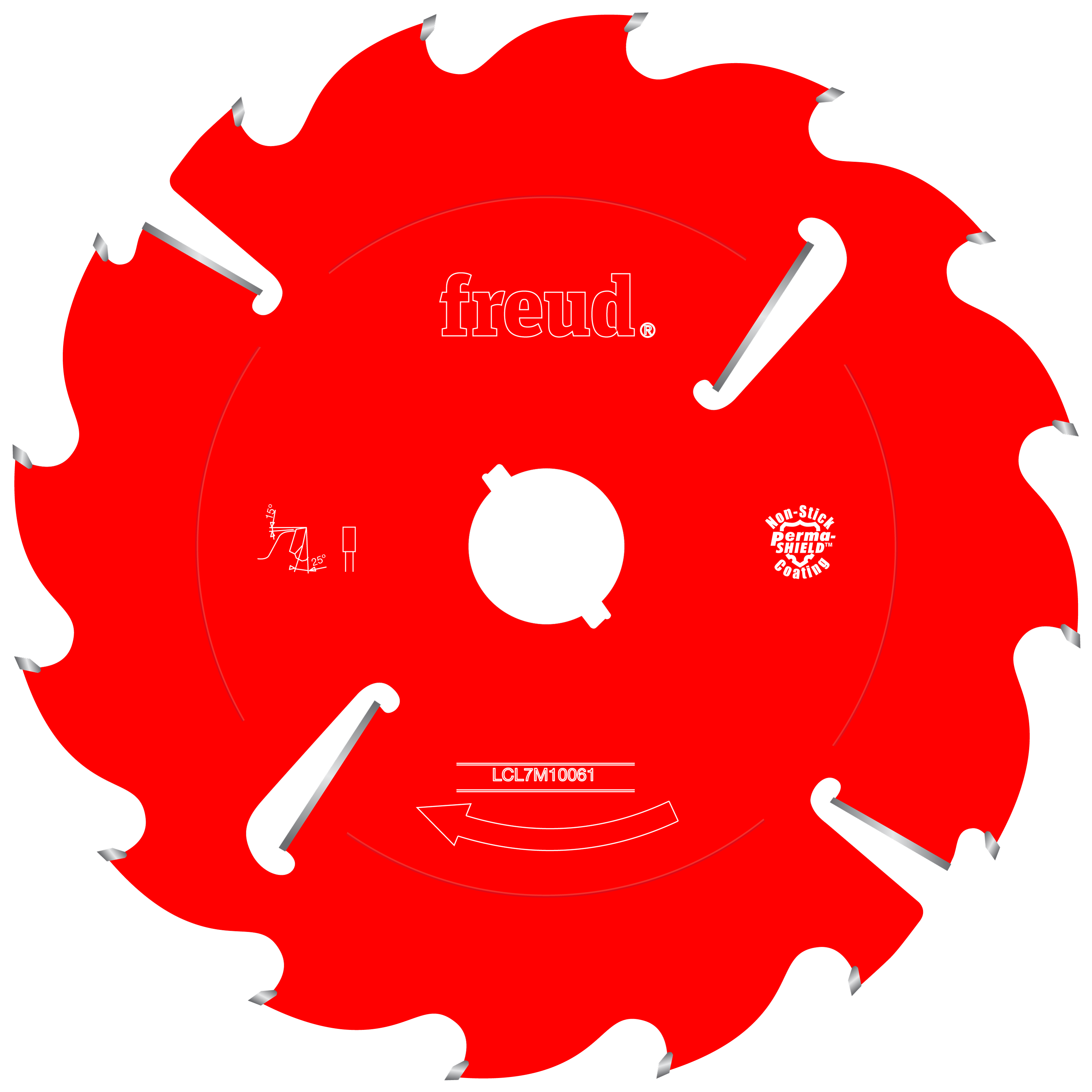 Red circular saw blade with multiple teeth, white center hole, and silver tooth tips.