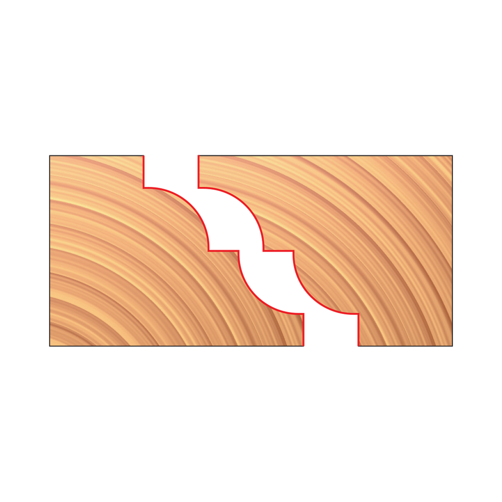 Pair of matched reverse detail router cutters with curved cutting profiles shown in cross-section on wood grain background.