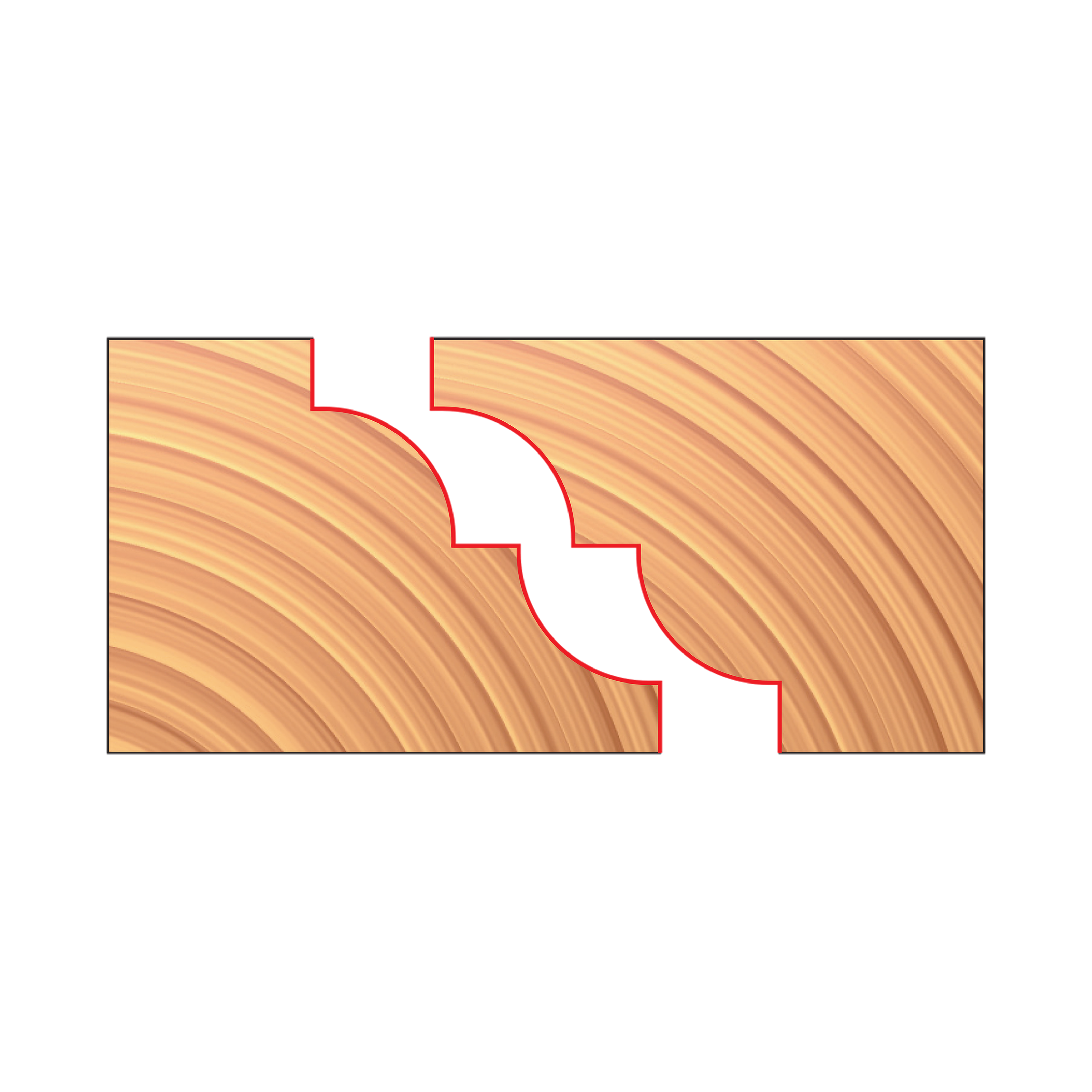 Pair of matched reverse detail router cutters with curved cutting profiles shown in cross-section on wood grain background.