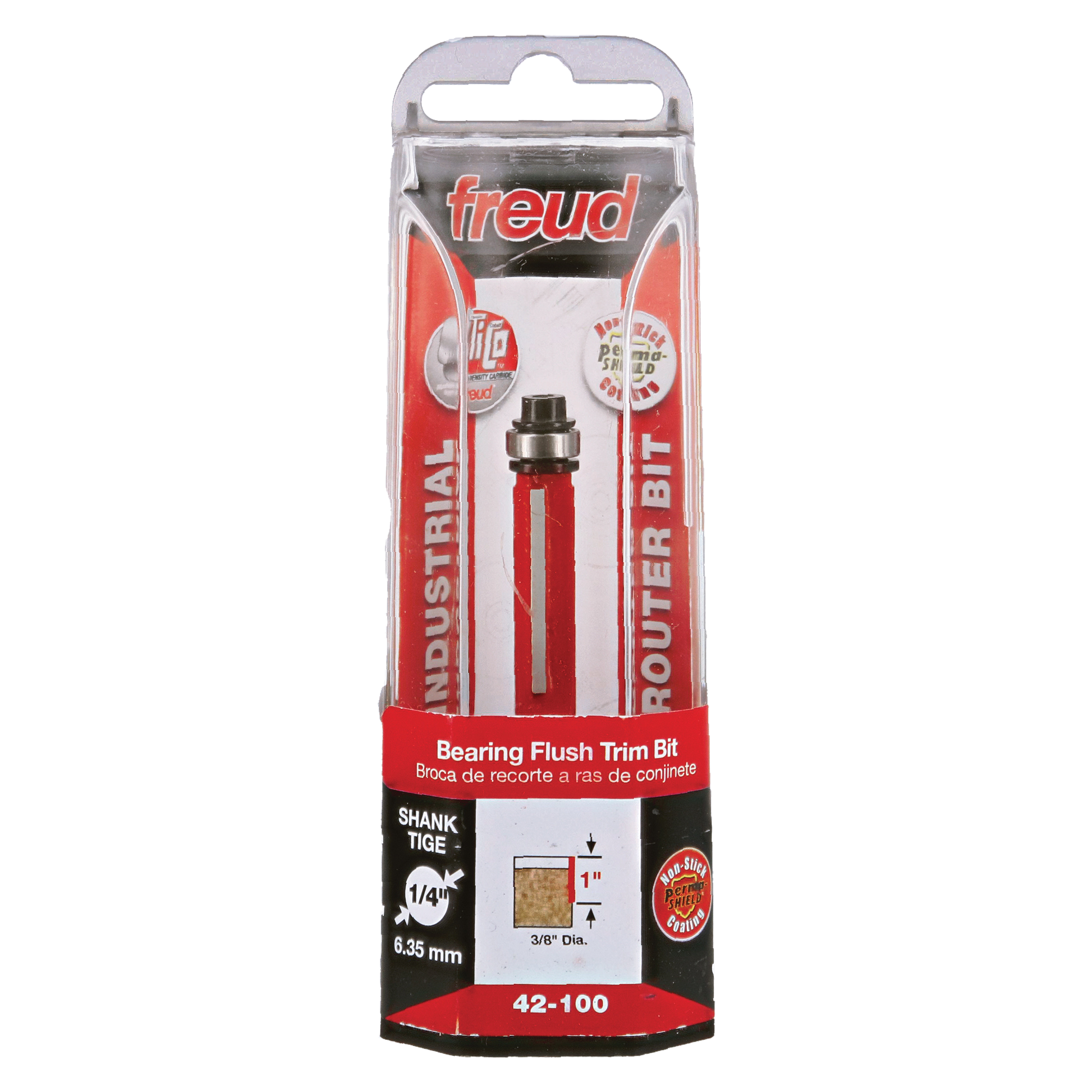 Freud bearing flush trim bit with 1/4" shank and 3/8" diameter in clear plastic packaging.