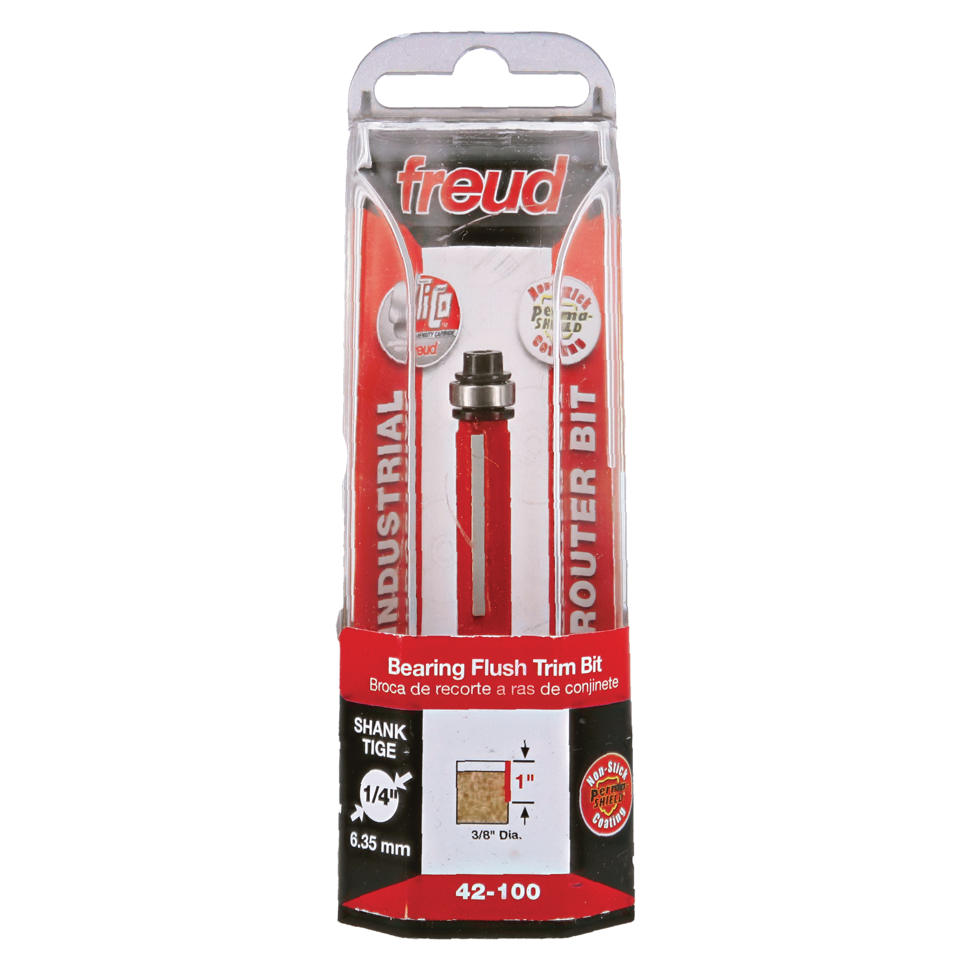 Freud bearing flush trim bit with 1/4" shank and 3/8" diameter in clear plastic packaging.